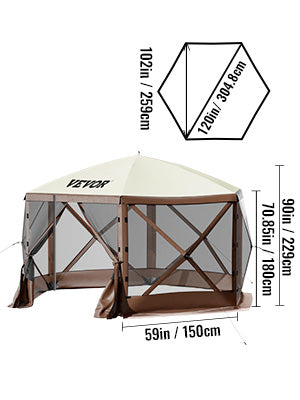 Gazebo Screen Tent 6 Sided Pop-up Camping Canopy Shelter Portable Outdoor Large Shade Tents for Lawn and Backyard Camping