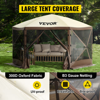 Gazebo Screen Tent 6 Sided Pop-up Camping Canopy Shelter Portable Outdoor Large Shade Tents for Lawn and Backyard Camping