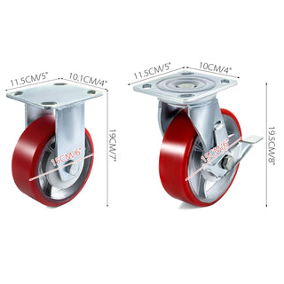 4 Pack 6" x 2" Heavy Duty Iron Core Polyurethane 2 Rigid and 2 Swivel Casters  With Side Brake 1000LBS Capacity Per Wheel