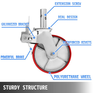 Set Of 4 Scaffolding Non Marking Polyurethane Swivel Caster Wheels 1100lb Cap On Iron with Total Lock Brake Roller Bearing