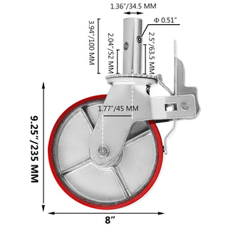 Set Of 4 Scaffolding Non Marking Polyurethane Swivel Caster Wheels 1100lb Cap On Iron with Total Lock Brake Roller Bearing