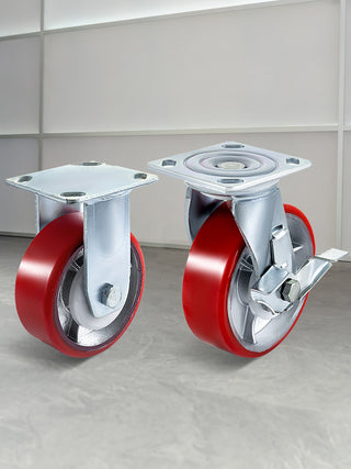 4 Pack 6" x 2" Heavy Duty Iron Core Polyurethane 2 Rigid and 2 Swivel Casters  With Side Brake 1000LBS Capacity Per Wheel