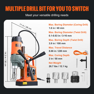 1450W Magnetic Drill 2" Boring Diameter 12500/12800N Portable Electric Mag Drill Press 800 RPM Magnetic Drilling Machine