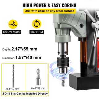 Magnetic Drill, 1200W 1.57" Boring Diameter, Portable Electric Mag Drill Press w/Variable Speed, 580RPM Drilling Machine