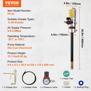 Pneumatic Grease Pump Air Operated with 13 ft High Hose 360° Swivel Grease Gun Head Lubrication 50:1 Pressure Ratio