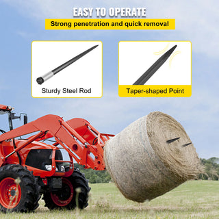 Hay Spear Spears 49" Spike 4000 lbs Attach Square Hay Bale Spears 2 Pics Forks w/Hex Nut & Sleeve for Tractors Loaders