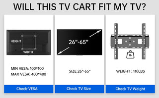 Mobile TV Cart, 90° Rotation TV Stand for 32 to 65 Inch Flat Panel Screens,Height Adjustable Portable TV Stand,Max VESA 400x400m