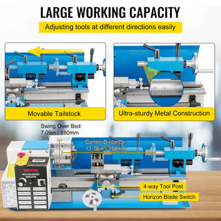 Mini Metal Lathe Machine 7"x14" Benchtop Digital Display 550W Variable Speed with 3-jaw Chuck for Metal Turning Threading