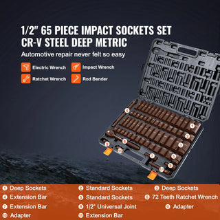 65 Piece Socket Set 6 Point Cr-V Alloy Steel for Auto Repair Rugged Construction Easy-to-Read Size Markings Storage Case