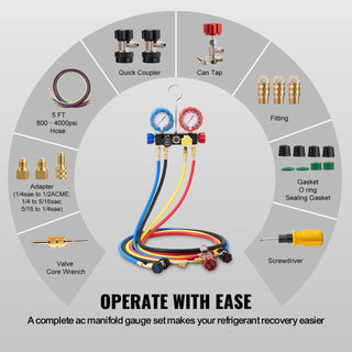AC Gauge - AC Manifold Gauge Set for R134A R22 R12 R410A Refrigerant,Freon Gauges with 5ft Hoses, Couplers, Can Tap