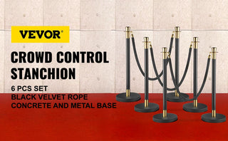 Crowd Control Pillar Set 6-piece set with black velvet rope, crowd control line fence, and stable party supplies base