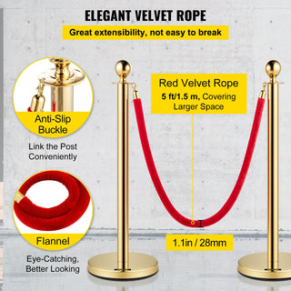 Gold Crowd Control Barrier 5 ft/1.5 m Elegant Velvet Ropes and Posts Stainless Steel Stanchion with Ball Top 2/4/6 PCS