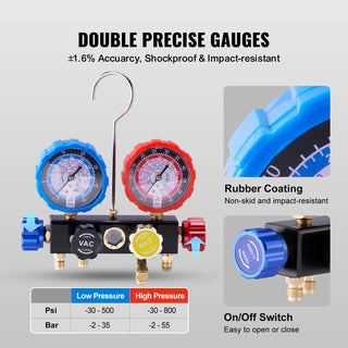 AC Gauge - AC Manifold Gauge Set for R134A R22 R12 R410A Refrigerant,Freon Gauges with 5ft Hoses, Couplers, Can Tap