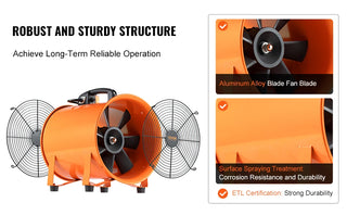 Portable Ventilator 254mm Cylinder Fan with 10m Duct Hose, 300W Strong Shop Exhaust Blower  for Sucking Dust Smoke