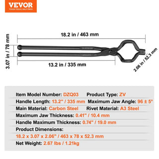 Forged Pliers Blacksmith Tongs 18''V-Bit Bolt Tongs Wolf Jaw Tongs ZV-Bit Tongs and Gripping Tongs Carbon Steel Forge Tong