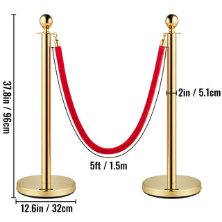 Gold Crowd Control Barrier 5 ft/1.5 m Elegant Velvet Ropes and Posts Stainless Steel Stanchion with Ball Top 2/4/6 PCS