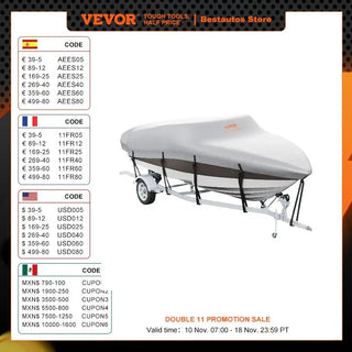 Boat Cover Trailerable Waterproof with Motor Cover Buckle Straps for V-Hull Tri-Hull Fish Ski Boat Runabout Bass Boat