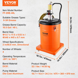 3/5/10.5 Gallon Grease Pump Air Operated with Hose Pneumatic Grease Bucket Gun and Wheels for Cars 50:1 Pressure Ratio