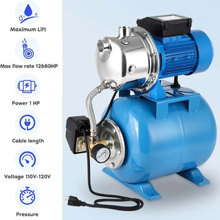 1.6HP Shallow Well Pump With Pressure Tank, 1340GPH, 115V, Stainless Steel Irrigation Pump, Automatic Water Booster Jet Pump For