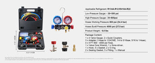 AC Gauge - AC Manifold Gauge Set for R134A R22 R12 R410A Refrigerant,Freon Gauges with 5ft Hoses, Couplers, Can Tap