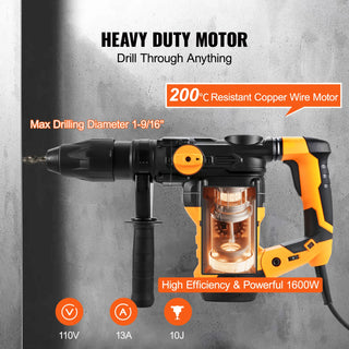 1600W Rotary Hammer Drill Max Drilling 42mm 3 Modes SDS Max Corded Demolition Chipping Metal Concrete Breaker Jackhammer