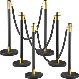 Crowd Control Pillar Set 6-piece set with black velvet rope, crowd control line fence, and stable party supplies base