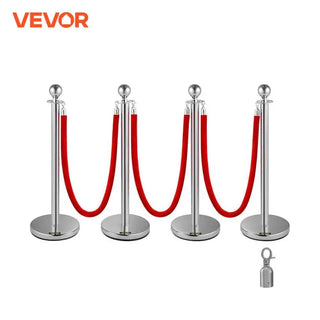 38Inch 4pcs Silver Stanchion Posts Queue Red Velvet Rope Crowd Control Line Barriers with Stable Base for Party Supplies