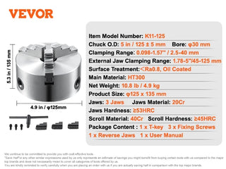 3-Jaw Lathe Chuck 100/125/160/200/250 mm Self-Centering Lathe Chuck Multiple Clamping Range for Lathe 3D Printer Machining