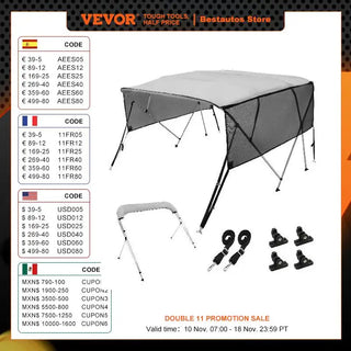 4 Bow Bimini Top Boat Cover Detachable Mesh Sidewalls Polyester Canopy Aluminum Alloy Frame For Boat