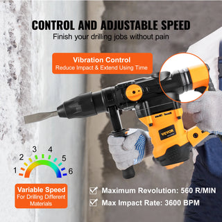 1600W Rotary Hammer Drill Max Drilling 42mm 3 Modes SDS Max Corded Demolition Chipping Metal Concrete Breaker Jackhammer