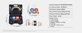 AC Gauge - AC Manifold Gauge Set for R134A R22 R12 R410A Refrigerant,Freon Gauges with 5ft Hoses, Couplers, Can Tap