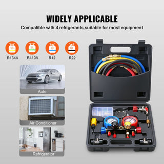 AC Gauge - AC Manifold Gauge Set for R134A R22 R12 R410A Refrigerant,Freon Gauges with 5ft Hoses, Couplers, Can Tap