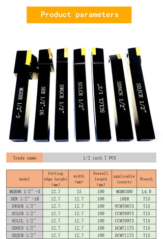 Indexable lathe turning tool 1/2 inch (about 12.7mm) handle, 7 piece hard alloy turning tool set, metal lathe tool bracket with