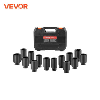 Axle Nut Impact Socket Set 1/2" Drive Deep 6 12-Point 14-Piece Metric Spindle Nut Socket Set CR-V Heat Treated Socket Set