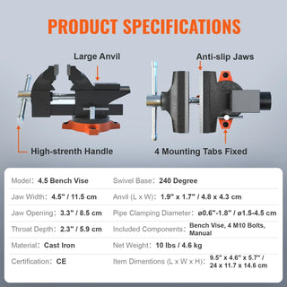 Bench Vise 4.5" 6" 6.5" Multipurpose with Swivel Base & Anvil Heavy Duty Cast Iron for Drilling, Conduit Cutting, Sanding