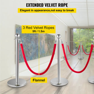 Stanchion Post with Velvet Ropes 6-Pack Crowd Control Stanchion with 3PCS 5FT Red Velvet Ropes for Events Museums Parties