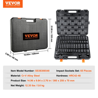 65 Piece Socket Set 6 Point Cr-V Alloy Steel for Auto Repair Rugged Construction Easy-to-Read Size Markings Storage Case