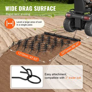 Drag Harrow 4ftx5.6ft Heavy-Duty Chain Harrow with 69 Teeth ATV UTV Tractor Attachments Field Drag Mat for Sod Prepping