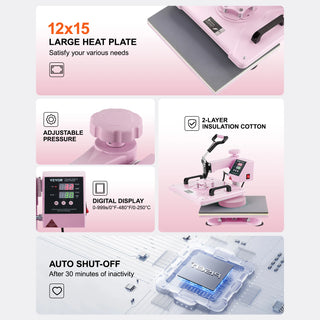 Heat Press Machine 12 x 15 inch  8 in 1 Heat Transfer Machine 360° Swing Away T-Shirt for T-Shirts/Mugs/Hats/Plates Pink