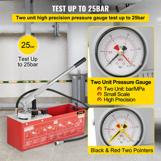 Hydrostatic Pressure Test Pump 25 bar/2.5 MPa 3.2 Gallon Tank Hydraulic Manual Water Pressure Tester Kit Pressure Testi