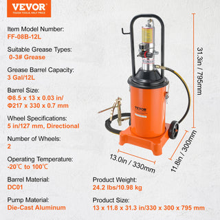 3/5/10.5 Gallon Grease Pump Air Operated with Hose Pneumatic Grease Bucket Gun and Wheels for Cars 50:1 Pressure Ratio