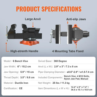 Bench Vise 4.5" 6" 6.5" Multipurpose with Swivel Base & Anvil Heavy Duty Cast Iron for Drilling, Conduit Cutting, Sanding