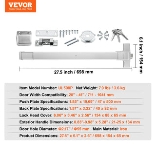 Push Bar Door Locks Stainless Steel Panic Bars for Exit Doors with Exterior Lever Push Bar Panic Exit Device Door Hardware