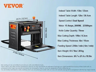Electric Thickness Planer Benchtop 13inch Wood Planer with Three Blades Two Speed 15-Amp 2000W for DIY Woodworking Planing
