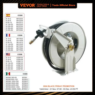 33/50/66ft Fuel Hose Reel Extra Long Retractable Spring Driven Auto Swivel Rewind for Auto Repair Heavy Industries