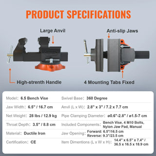 Bench Vise 4.5" 6" 6.5" Multipurpose with Swivel Base & Anvil Heavy Duty Cast Iron for Drilling, Conduit Cutting, Sanding