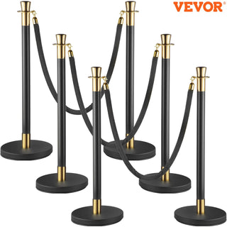 Crowd Control Pillar Set 6-piece set with black velvet rope, crowd control line fence, and stable party supplies base