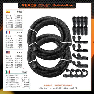 6 / 8 AN 32.8 FT Steel Nylon Braided Oil Fuel Hose Line Kit 20 PCS Hose End 1000 PSI Burst Pressure Aluminum Adapter Tool