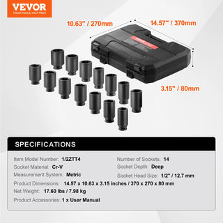 Axle Nut Impact Socket Set 1/2" Drive Deep 6 12-Point 14-Piece Metric Spindle Nut Socket Set CR-V Heat Treated Socket Set