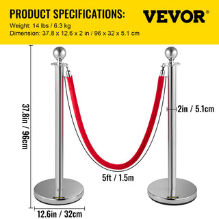 38Inch Gold Silver Stanchion Posts Queue Red Velvet Rope Crowd Control Line Barriers with Stable Base for Party Supplies